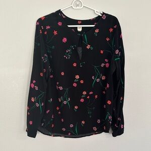 GAP Black Floral Keyhole Long-Sleeve Blouse